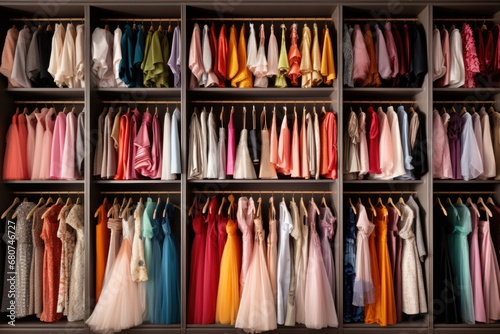 Closet Kaleidoscope: Neatly folded, a spectrum of colors adorns closet shelves, offering a vibrant wardrobe selection © Konstiantyn Zapylaie
