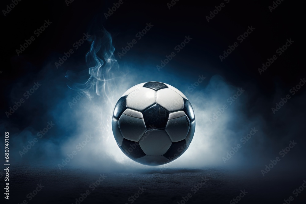 Naklejka premium Dynamic Illumination of Football: Witness the dynamic play of light on a soccer ball, creating a visually striking scene under the vibrant sports illumination