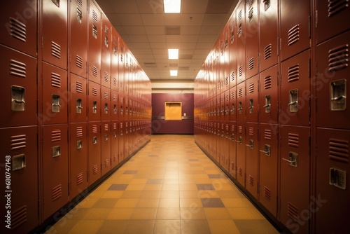 Locker Room Symmetry: A perfect row of lockers in a well-organized locker room, exuding a sense of order and symmetry