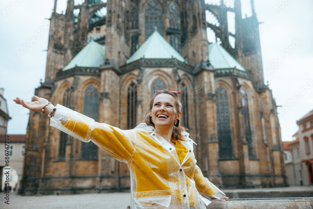 happy woman in Prague Czech Republic sightseeing and rejoicing