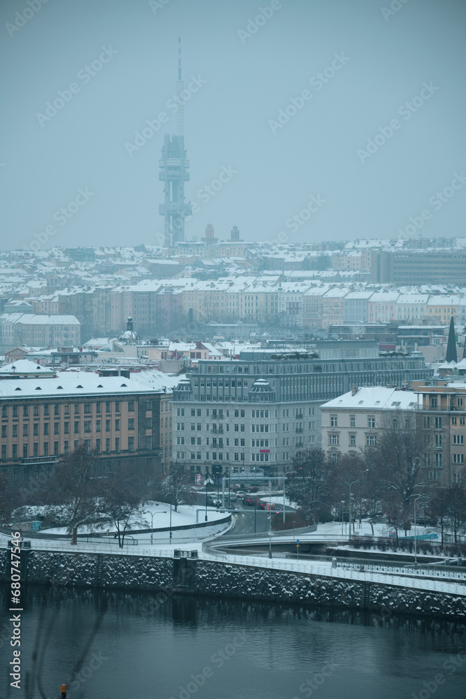 landscape in winter in Prague, Czech Republic with Vltava river