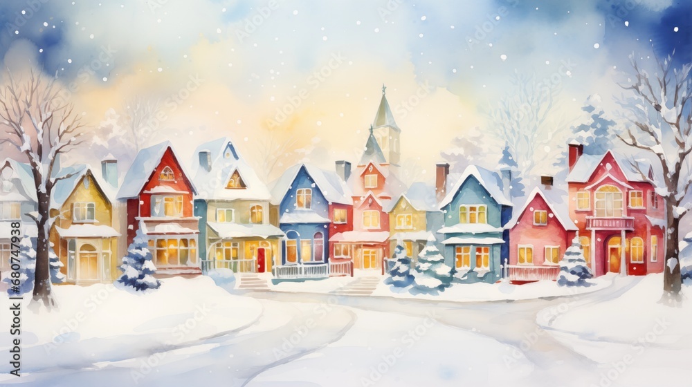 Fototapeta premium Watercolor Christmas village with colorful houses and snow covered street.