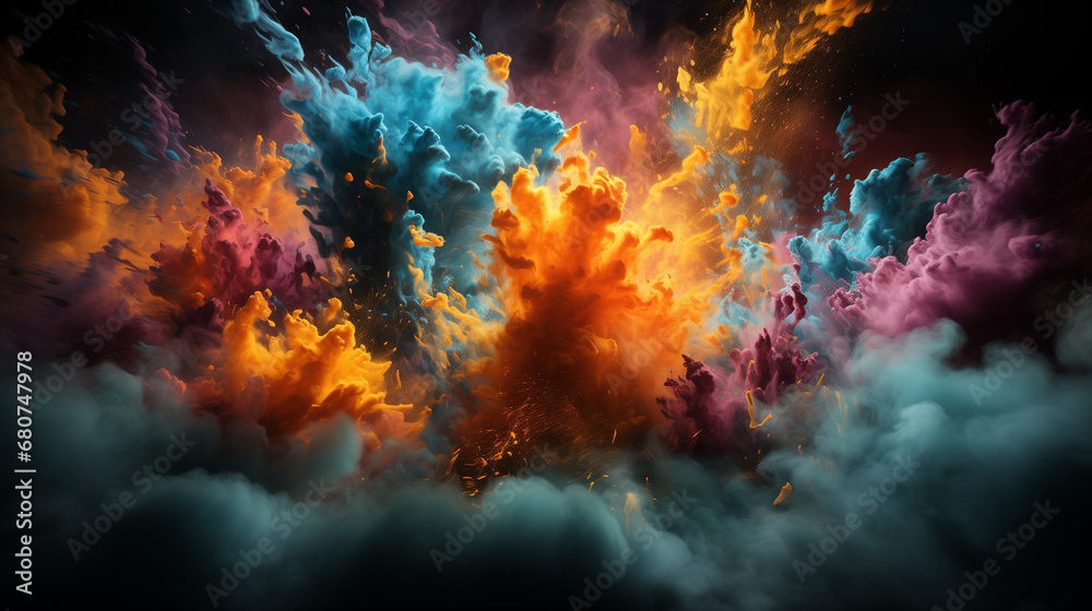 Clouds of colorful powder being thrown in the air. Generative AI. 