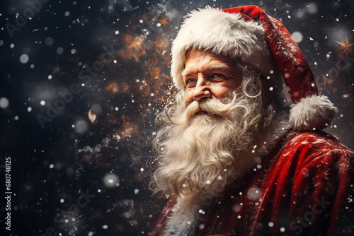 Portrait of Santa Claus on snowfall abstract background.