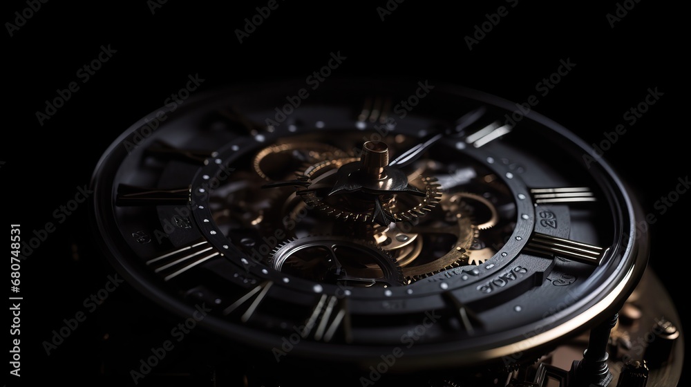Mechanical clock inside, close up. Clock mechanism macro shot on black background. Concept of passing time.