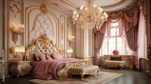 Craft a visual masterpiece of a luxurious  colorful bedroom filled with exquisite details.