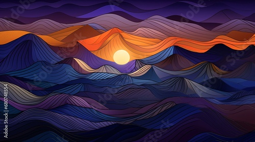 mountains with striped patterns in a blue and orange patt