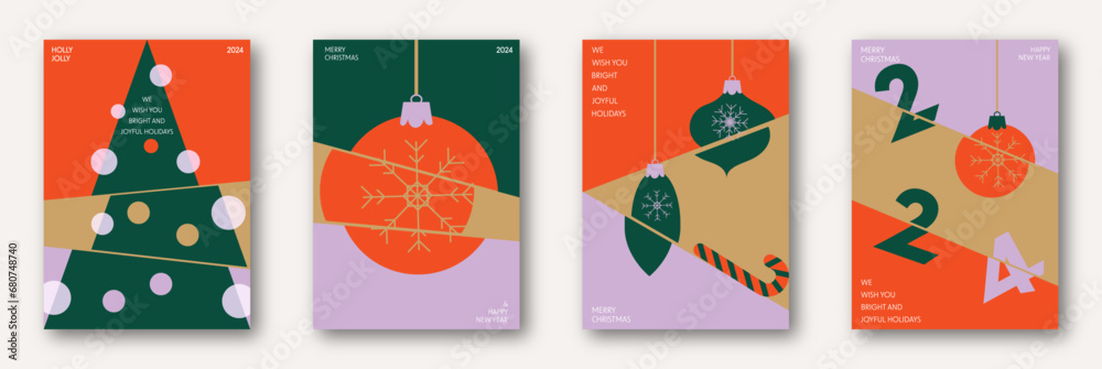 Merry Christmas and Happy New Year greeting cards set. Modern xmas design with typography, 2024 logo, balls and christmas tree. Xmas concept for invitation, background, banner, poster, cover.