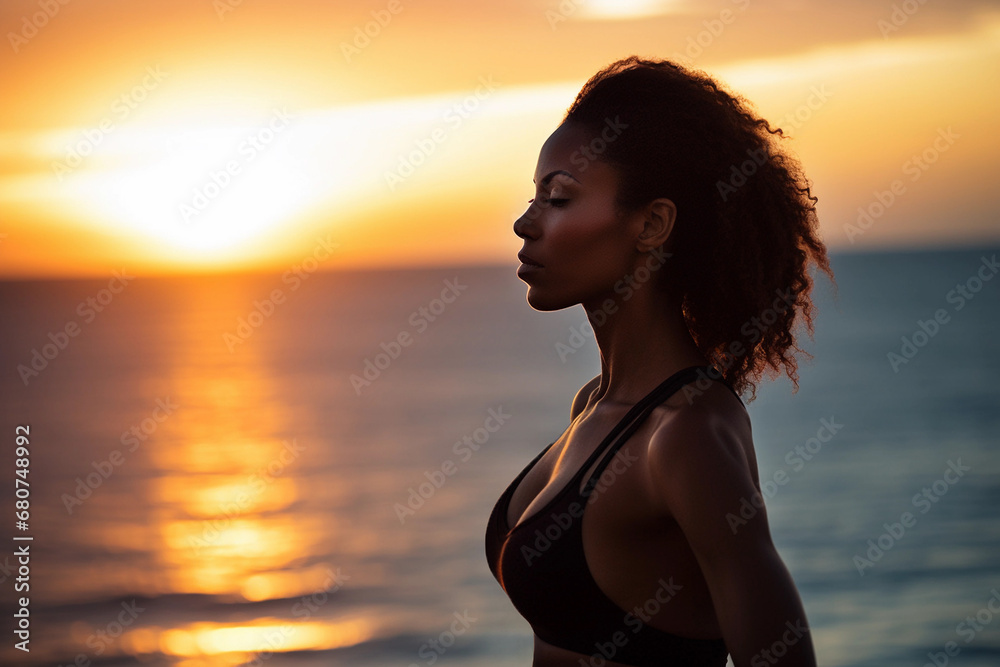 Close-up portrait of a beautiful African-American woman while walking along the seaside at sunset. Generative AI. Close-up portrait of a beautiful African-American woman while walking along the seaside at sunset. Generative AI.