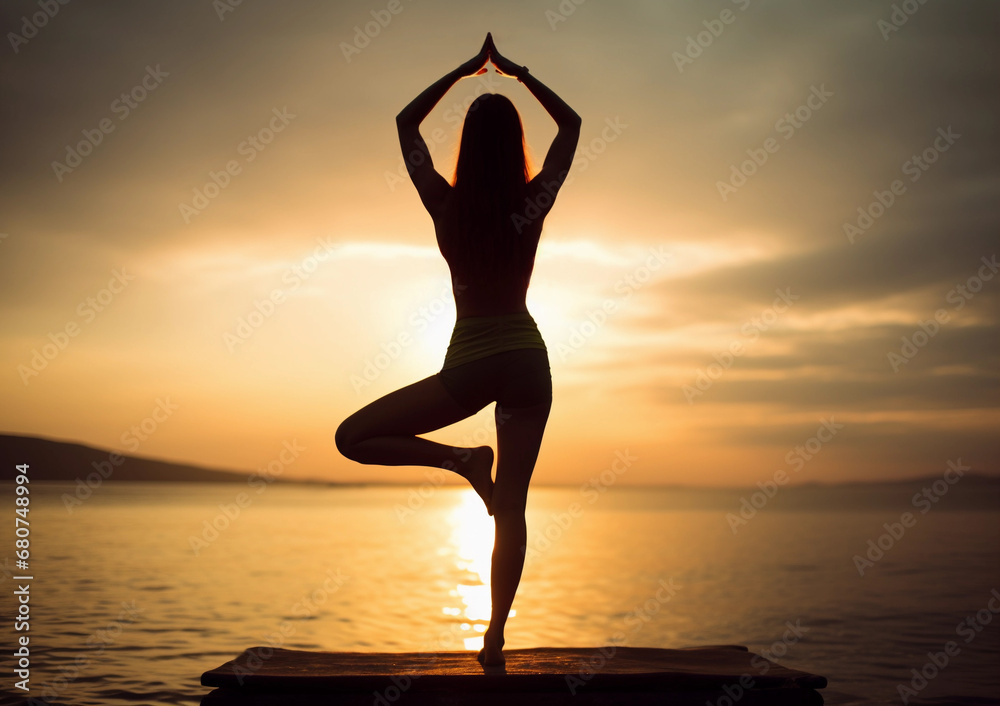 Woman's Silhouette Practicing Yoga Asana, Sunset by the Sea. Generative AI.