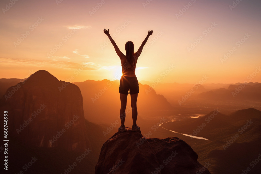 Mountain Climber Woman Silhouette, Ocean and Sunset Success Scene. Generative AI.