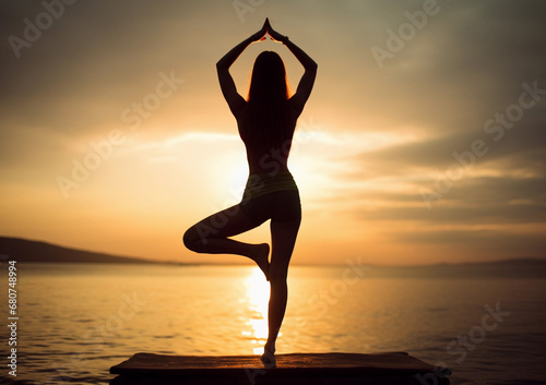 Woman s Silhouette Practicing Yoga Asana  Sunset by the Sea. Generative AI.
