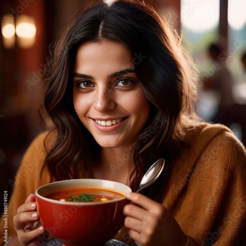 woman drinking soup with spoon smiling