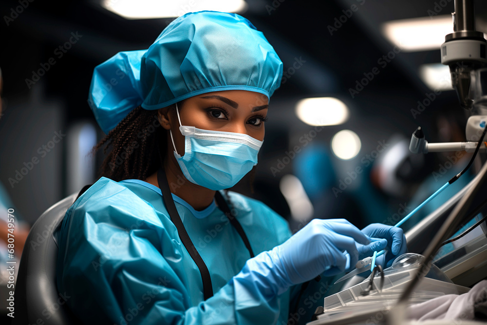 A female doctor wearing a mask preparing for an intervention. A female doctor wearing a mask preparing for an intervention.