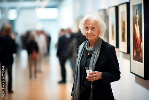 Elder women in modern art gallery. Senior woman looking on the paintings of artists. Generative AI content