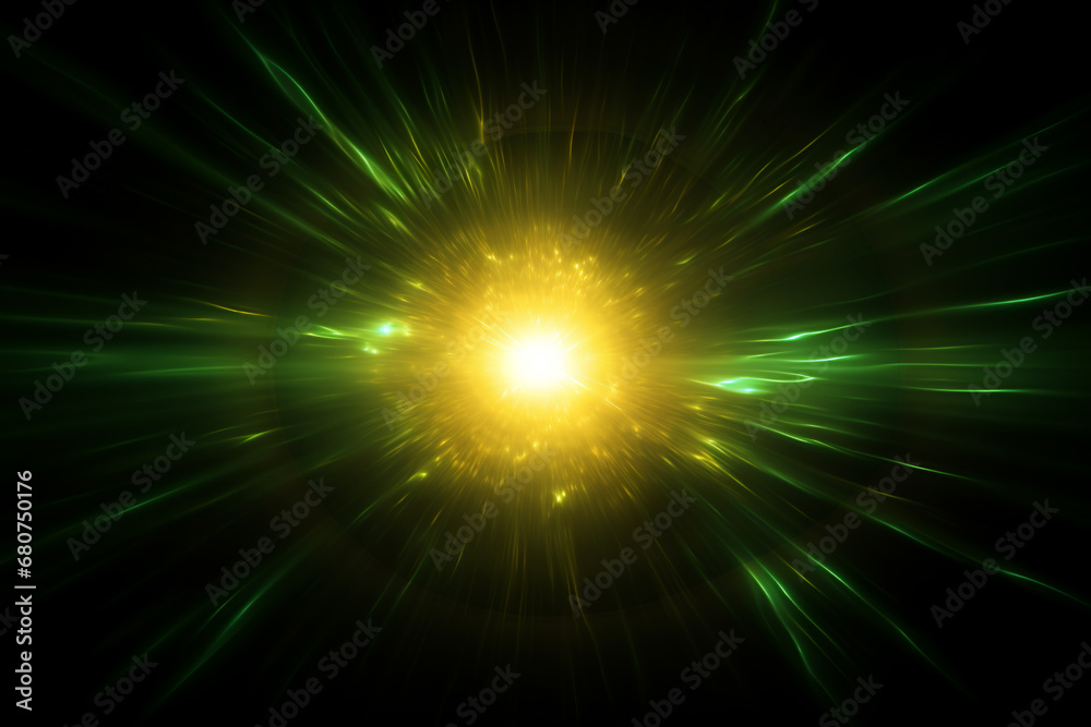 Glowing abstract green sun burst on black background. AI Generative.