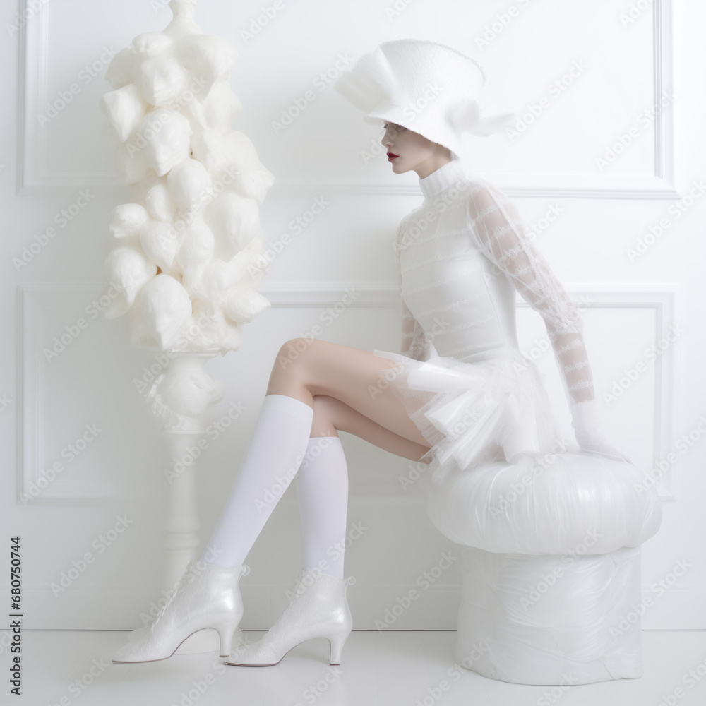 Photo de mode d'une femme habillée avec une robe blanche et des bas blancs, décor épuré, voile et nacre,