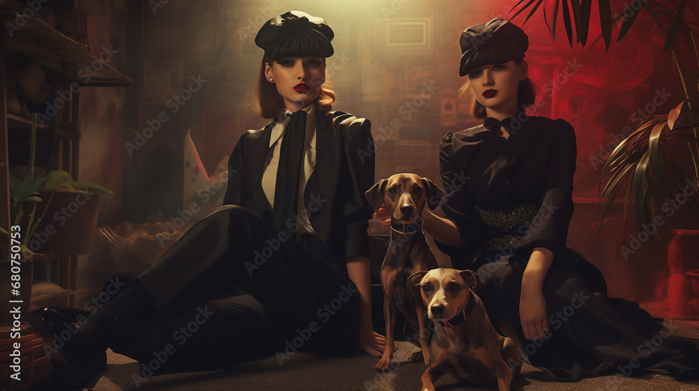 Femmes au style garçonne avec deux chiens dans un décor maximaliste