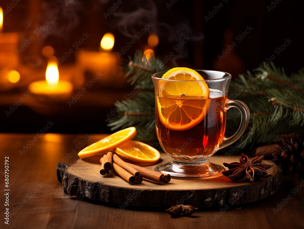 A glass of hot mulled wine and Christmas decor on a wooden table. A glass of hot mulled wine and Christmas decor on a wooden table.