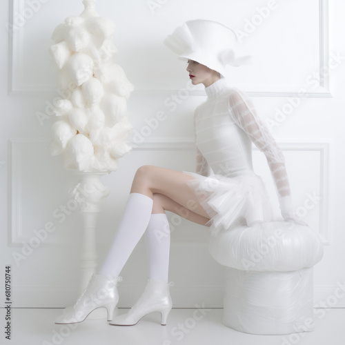 Photo de mode d'une femme habillée avec une robe blanche et des bas blancs, décor épuré, voile et nacre, photo