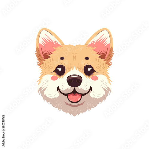 Szczęśliwy i uśmiechnięty szczeniak rasy corgi. Głowa pieska w stylu kawaii. Ilustracja wektorowa.