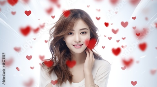 Young Asian woman against a background of red hearts. Valentine concept. photo