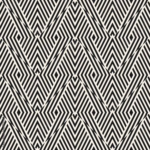Abstract seamless geometric pattern with black and white diagonal stripes, optical illusion effect. Sport style retro wicker braided line design. Simple vector background texture, repeat geo ornament