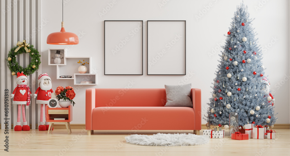 Poster frame mockup in christmas room style living room interior with red sofa on empty white wall