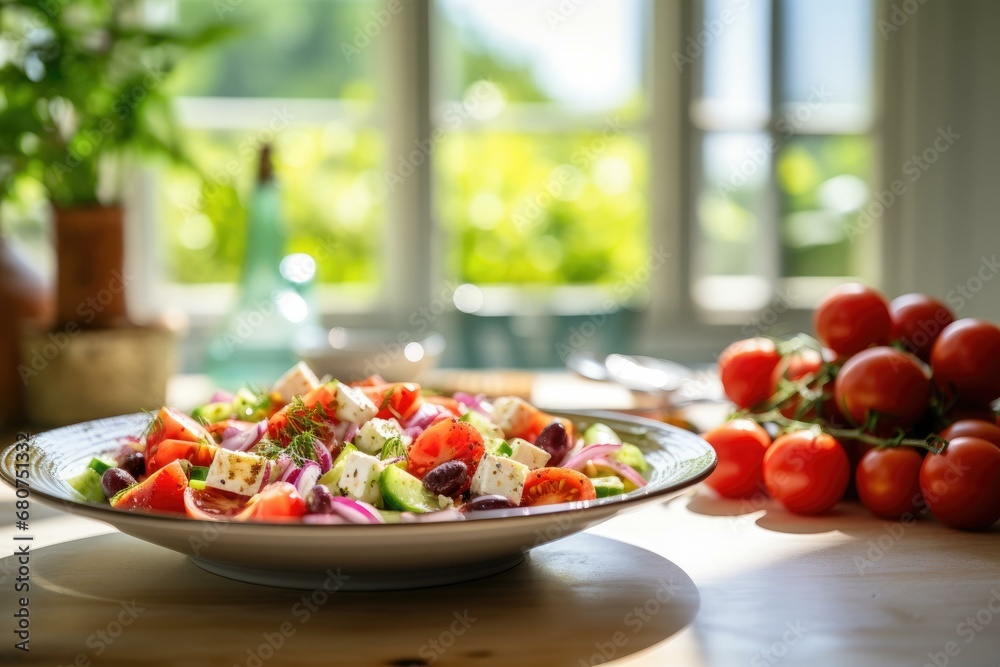 Fresh Greek Salad on Wooden Table Fresh Greek Salad on Wooden Table