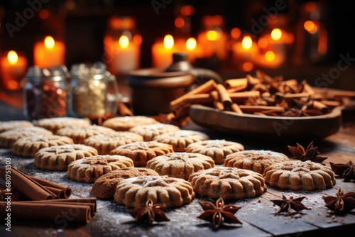 Christmas cookies on wooden table in decorated room