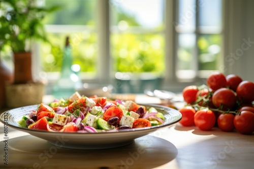 Fresh Greek Salad on Wooden Table