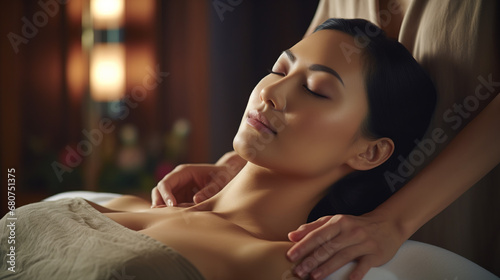 a beautiful middle age Asian woman being massaged by another woman photo