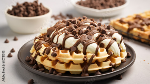 Belgium waffles with chocolate sauce, ice cream and banana on bright kitchen background