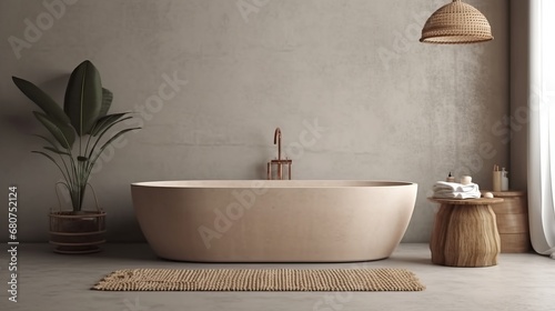 Poster mockup in cozy nomadic bathroom interior background  3d render. Cozy nomadic bathroom interior. Decor concept. Real estate concept. Art concept. Bathroom concept. Stylist concept. 3d render