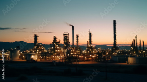 Oil refinery plant from industry zone, Aerial view oil and gas petrochemical industrial, Refinery factory oil storage tank and pipeline steel at night, Ecosystem and healthy environment concepts.