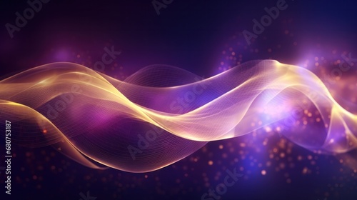 Abstract futuristic background with purple and gold glowing neon moving high speed wave lines and bokeh lights. Visualization of sound waves. Data transfer concept. Fantastic wallpaper