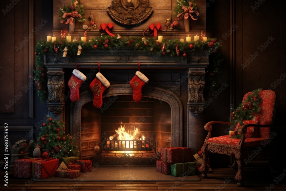 Decorated fireplace with stockings hung and a fire blazing AI generated illustration