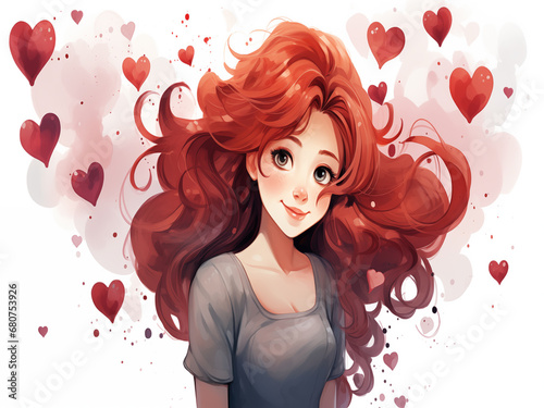 Watercolor Girl Surrounded By Hearts