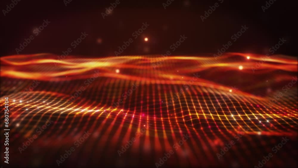 Glow red orange digital landscape with cube particle. Crypto currency, big data, block chain and digital technology concept. 3D Rendering.