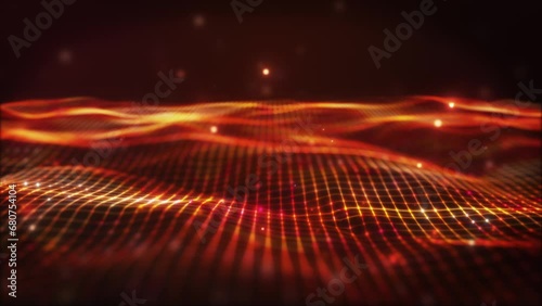 Glow red orange digital landscape with cube particle. Crypto currency, big data, block chain and digital technology concept. 3D Rendering.