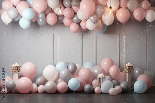 birthday background for kids  balloon garland lots of balloons with pastel  pink tones 