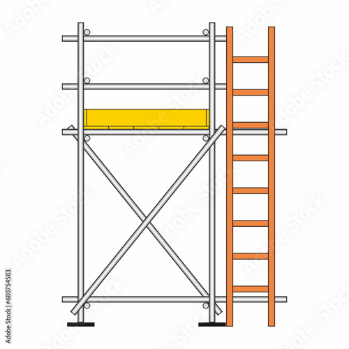 Side view of tubular scaffolding system vector illustration. Connected steel pipes by couplers for falsework and working platforms. Construction equipment for work at height. photo