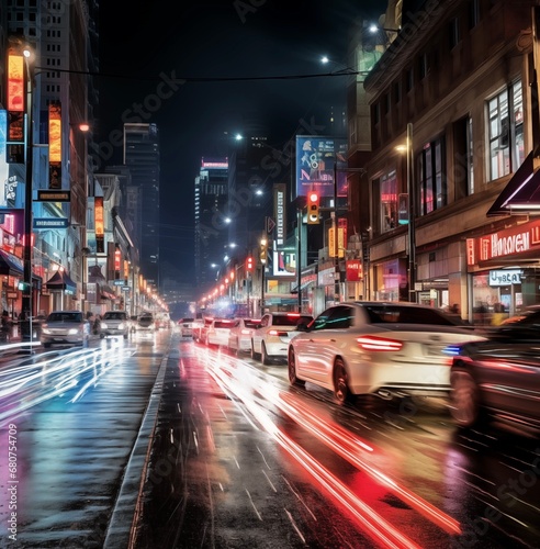 Busy city street at night with blurred light trails