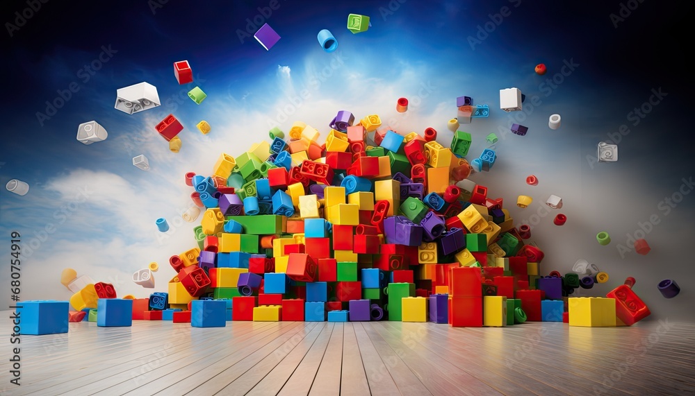 backdrop construction with colorful plastic cubes, digital overlay for child portrait