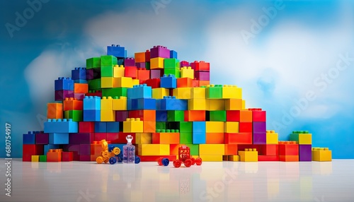 backdrop construction with colorful plastic cubes  digital overlay for child portrait