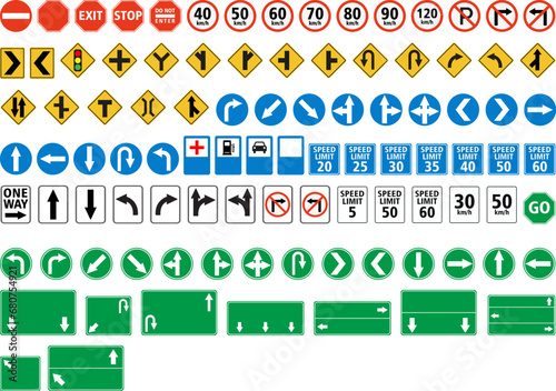 Traffic road sign collection isolated on white background.
