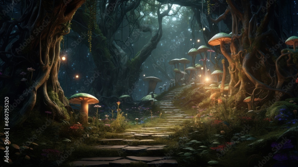 rendering of an enchanted forest with mystical creatures AI generated illustration