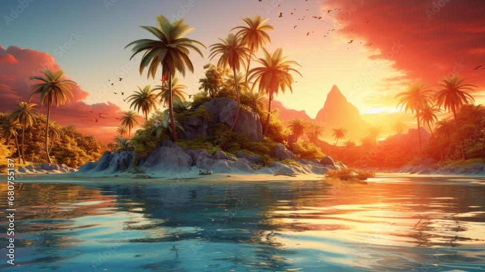 representation of a tropical island paradise at sunset AI generated illustration