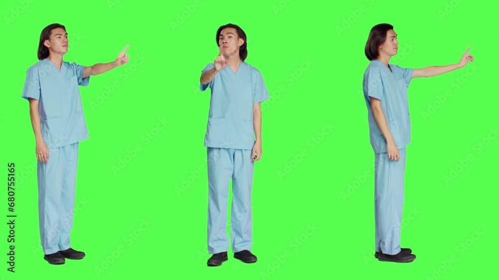 Medical specialist doing no sign on camera, presenting negative reaction and his disapproval. Asian healthcare nurse being displeased and disappointed about something, disagreeing. Medical specialist doing no sign on camera, presenting negative reaction and his disapproval. Asian healthcare nurse being displeased and disappointed about something, disagreeing.