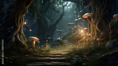 rendering of an enchanted forest with mystical creatures AI generated illustration © ArtStage